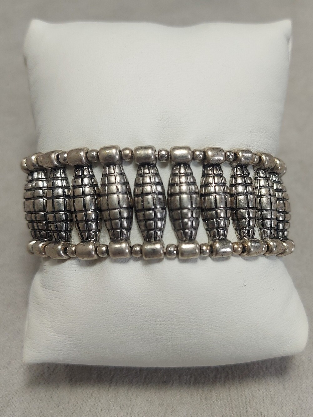 Vintage Silver Tone Textured Grid Multi-Row Statement Cuff Stretch Brace